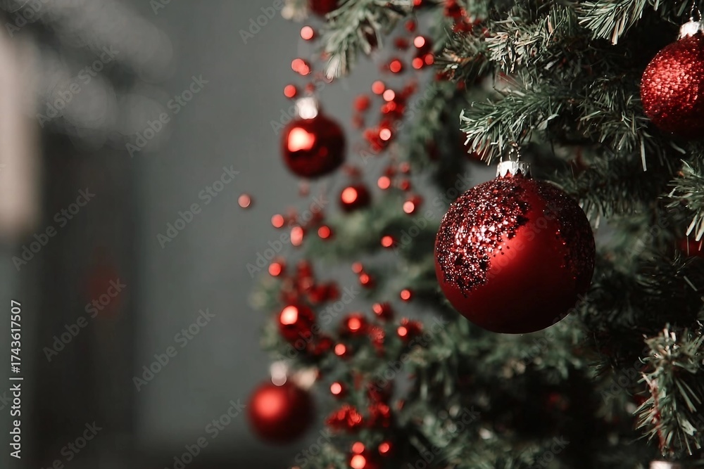Obraz premium Red Christmas balls decorate a Christmas tree. Selective focus.