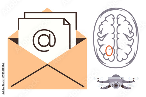 Open envelope with email sheets, brain with highlighted creativity area, quadcopter device. Ideal for communication, technology, innovation, creativity, neuroscience delivery connectivity. Simple