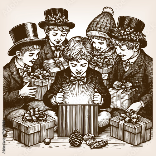 joyful children opening glowing Christmas presents, holiday magic, wonder, and celebration sketch engraving generative ai fictional character vector illustration. Scratch board. Black and white image.