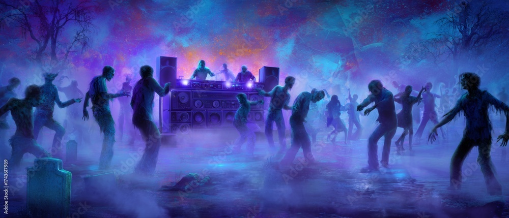 Obraz premium Dancing with the undead: a halloween night to remember. Surreal portraits. Illuminated graveyard gala: zombies revel under dj's spell. Vibrant expression. Experimental photography.