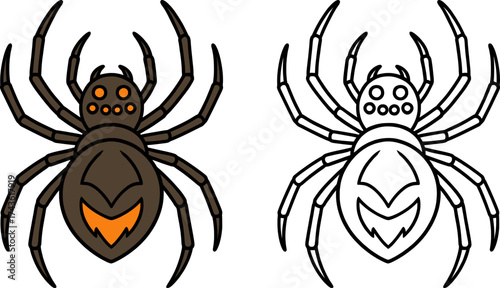 colored and outline only vector illustration of halloween spider spooky decoration isolated on white for coloring page