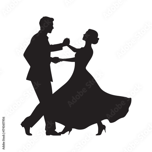 Elegant Black Silhouette of Waltzing Couple Expressing Beauty, Grace, Sophistication, and Perfect Harmony.