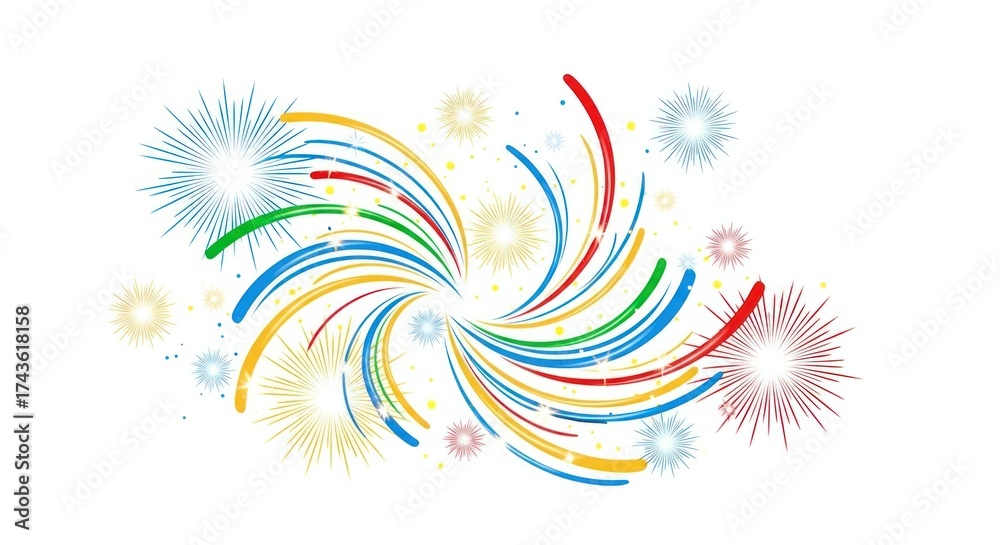 Obraz premium Dynamic display of colorful fireworks radiating outwards on a white background, creating a festive