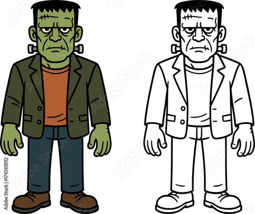 colored and outlined vector illustration of frankenstein monster, spooky halloween character for coloring book and digital design
