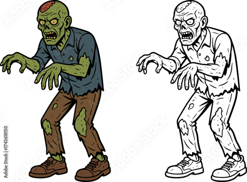 colored and outline only vector illustration of zombie walking with arms forward, halloween scary design and coloring page
