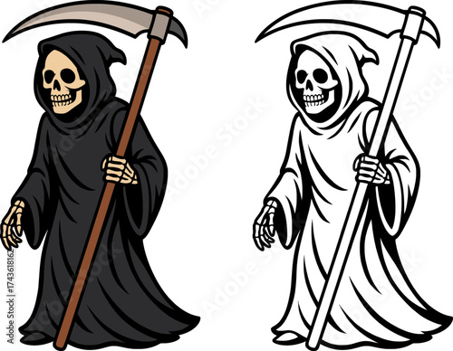 colored and outlined vector illustration of grim reaper with scythe, spooky halloween death character for digital design and print