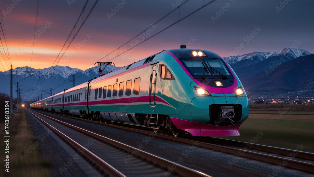 Fototapeta premium Futuristic high speed train moving on rails across countryside with mountains in background. Modern railway transport symbol of innovation. Sunset travel shows fast connection and global mobility..