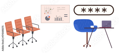 Office chairs, data chart, blue desk chair with laptop, password security box. Ideal for workplace setup, business analysis, data security, team collaboration, productivity technology use simple