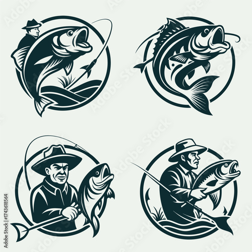 Four circular fishing-themed illustrations featuring anglers, fish, and fishing rods, in a monochrome style.