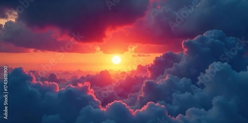 Dramatic Sunset Sky Vibrant Orange and Purple Clouds Break Through, Atmospheric Background Image