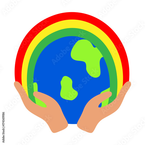 Hands Holding Earth Globe with Rainbow Flat Vector Illustration