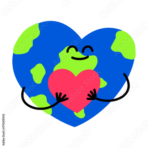 Cute Earth Heart Character Hugging Love Symbol Flat Vector Illustration