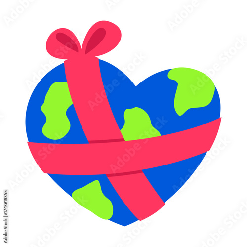 Earth Globe Heart Shape with Gift Ribbon Flat Vector Illustration
