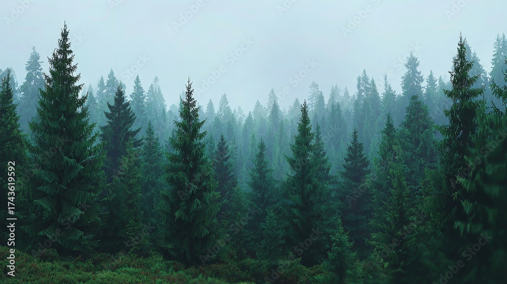 Fototapeta premium Misty Forest Background with Soft Green Hues Perfect for Copy Space and Creative Projects in Nature and Landscape Themes