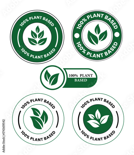 "100% Plant Based" green circular labels with stylized leaf illustrations, emphasizing vegan, organic, and natural product attributes for food, beverage, or cosmetic branding.