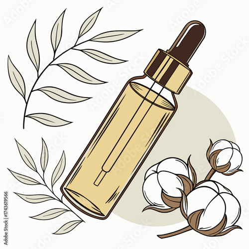 Aesthetic illustration of a dropper bottle with golden oil surrounded by delicate botanical elements and cotton bolls