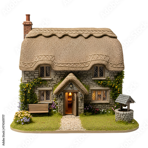 Wallpaper Mural Thatched Cottage Model Displays Charming Details with Stone Walls and Lush Garden on Black Torontodigital.ca