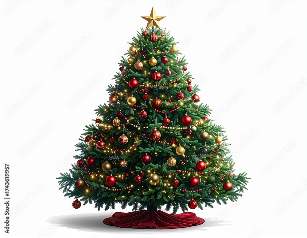 Fototapeta premium Elegant Christmas Tree with Gold Star, Ribbon Garlands, and Red-Gold Baubles
