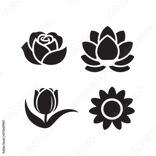 Elegant Minimalist Black and White Flat Vector Icons of Beautiful Flowers.