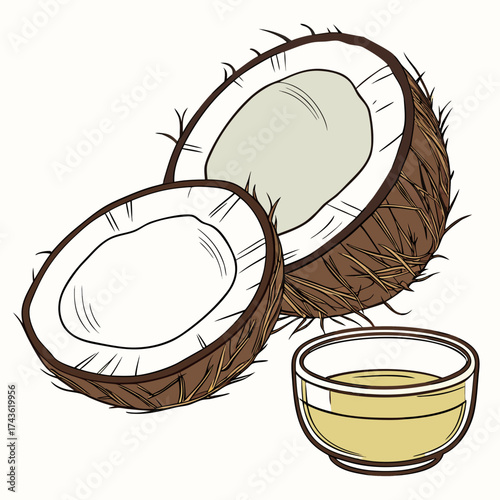 Illustration of a halved coconut with its white flesh and brown fibrous shell next to a small bowl of clear yellow liquid