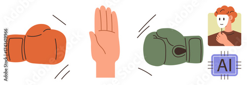Red boxing glove opposing green glove, neutral hand stopping, AI chip, human profile symbolizing balance, technology ethics, innovation, cooperation, progress, and fairness in simple flat metaphor