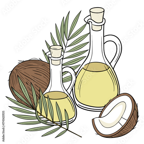 Illustration of whole and halved coconuts with palm leaves and bottles of coconut oil