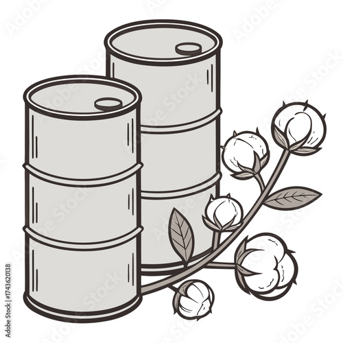 Industrial steel barrels and a cotton plant branch symbolizing agricultural commodities and raw materials