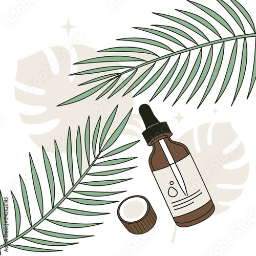 Natural beauty product with coconut and green palm leaves essential oil dropper bottle with pipette