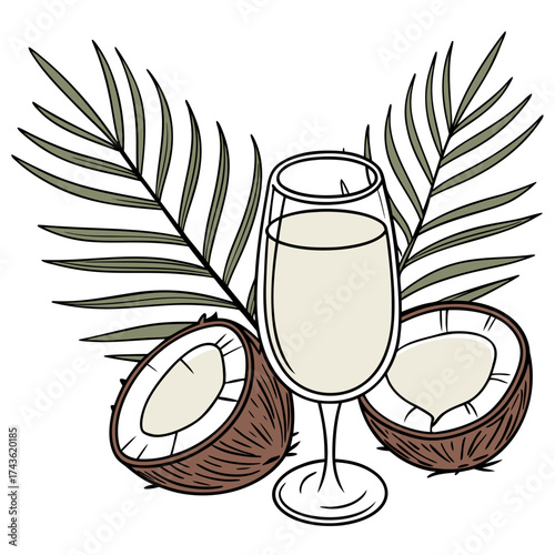 Refreshing coconut drink in a tall glass with halved coconuts and palm leaves on a white background