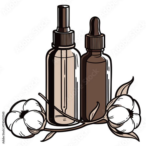 Two glass dropper bottles with serum or essential oil and cotton plant branches on a white background