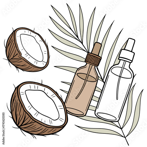 Two halved coconuts and two dropper bottles with palm leaves in a simple flat design illustration