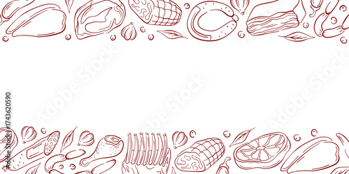 Border frame in line art style with various meats, steak, sausage, ribs, herds, pepper and garlic. Ideal for culinary design, package or butcher restaurant branding.