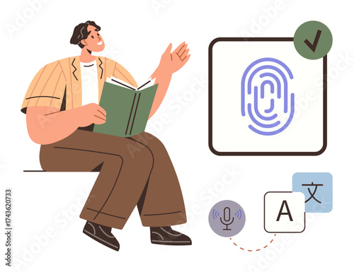 Young man reading book gesturing next to biometric fingerprint scanner, microphone icon, and translation visuals. Ideal for education, security, digital identity, communication, AI, language simple