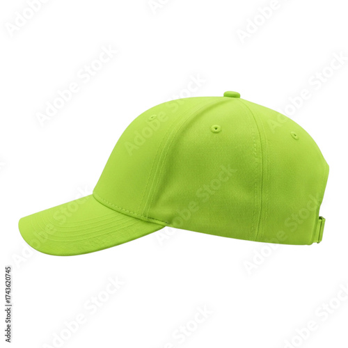  Side View of Neon Lime Green Baseball Cap, Stylish Summer Sports Accessory, Isolated PNG