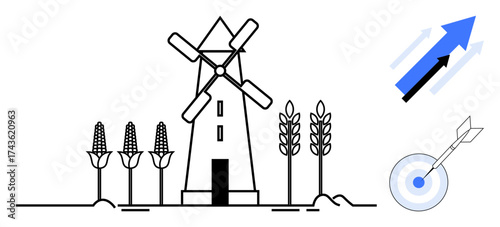 Windmill surrounded by corn and wheat symbolizes agriculture, growth, and sustainability. Blue arrows and target with dart suggest success, progress, and planning. Ideal for farming, green energy