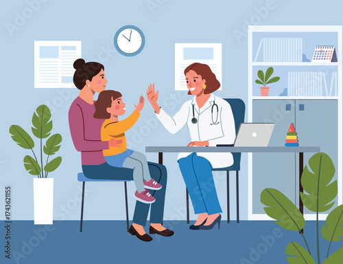 Child with his mother at the pediatrician. Friendly female pediatrician gives a high five to a little patient. Vector flat style cartoon illustration