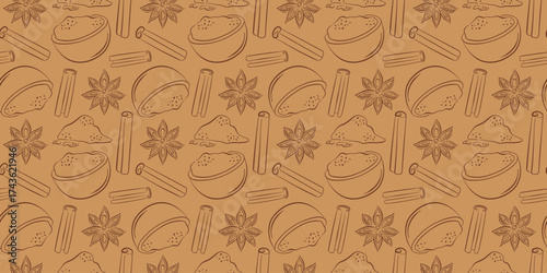 Seamless pattern of line art style spices cinnamon stick, star anise and bowl with cinnamon ground beige background.