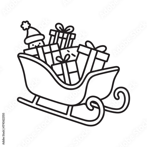  Joyful Christmas sleigh overflowing with gifts, festive line art.