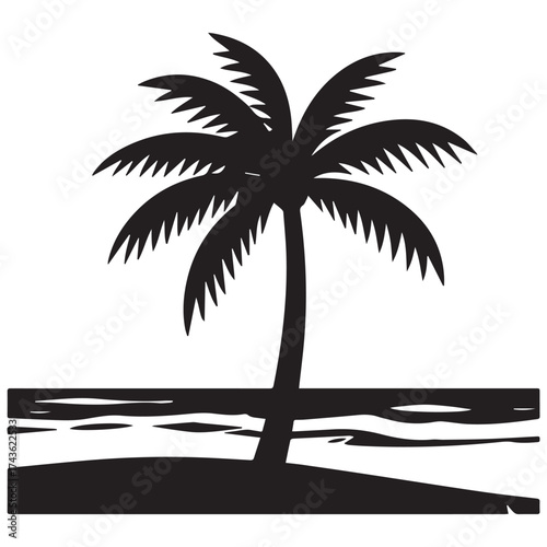 One Palm trees silhouette with beach white background. 