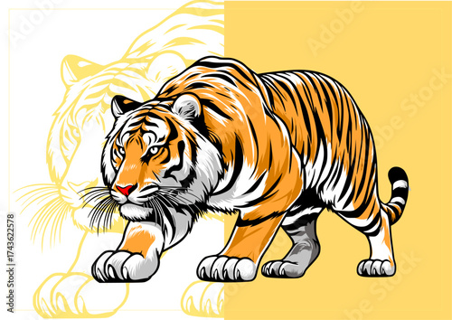 Minimalist line art illustration of a tiger walking gracefully, black contour on white background symbolizing courage and strength