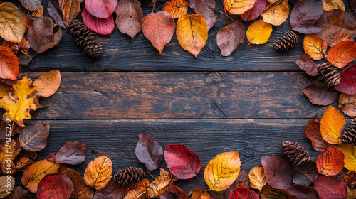 Frame with autumn leaves on wooden background. AI generative illustration.