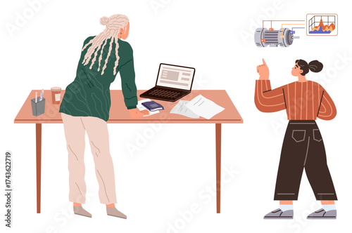 Two professionals working on sustainable energy and data evaluation. One examines a laptop and papers, while the other points at electrical diagrams. Ideal for teamwork, innovation, engineering