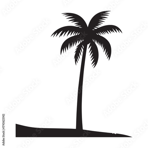 One Palm trees silhouette with beach white background. 