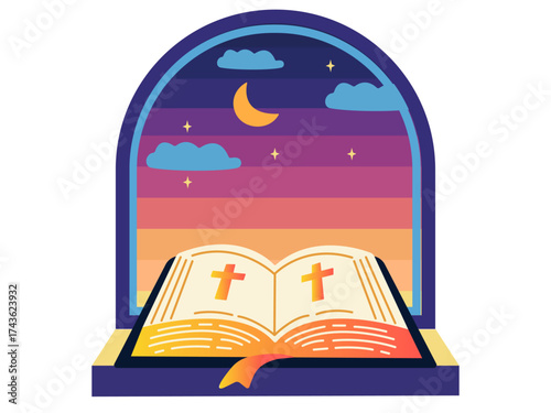 Opened Holy Bible lies on the windowsill, a starry night outside the window. Reading the Bible before going to bed. Vector illustration on an isolated white background