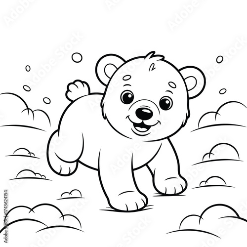 Adorable vector line art illustration of a cute polar bear cub playing in snow scalable eps icon silhouette White background