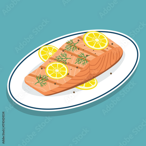 flat color of grilled salmon with lemon and dill