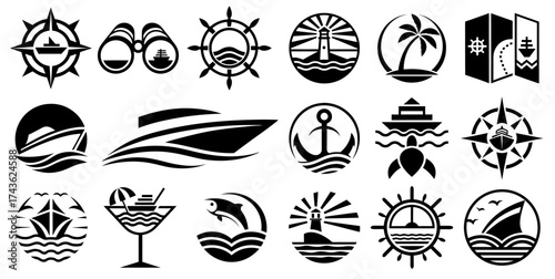 Black and white marine icons with navigation tools, palm trees, ships, and marine animals for vacation, travel, ocean exploration, and nautical themed graphic design resources
