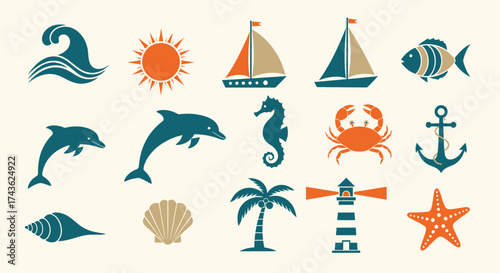 Collection of colorful marine life and nautical elements.