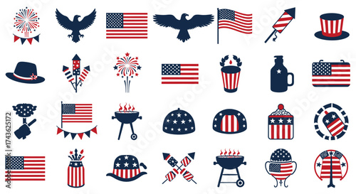 Collection of American patriotic symbols and celebration items for Independence Day.