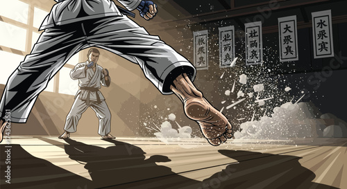 Karate fighter breaking a stack of tiles with a powerful kick